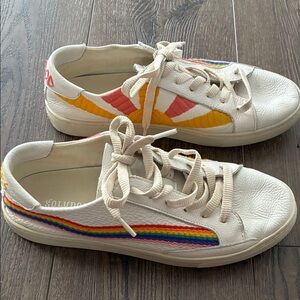 Soludos White Sneakers with Sun and Rainbow Stripes 8.5
